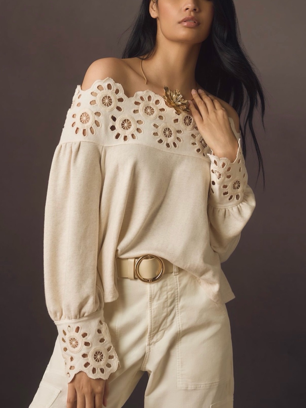 Anthropologie Cream Off-Shoulder Eyelet Pullover
